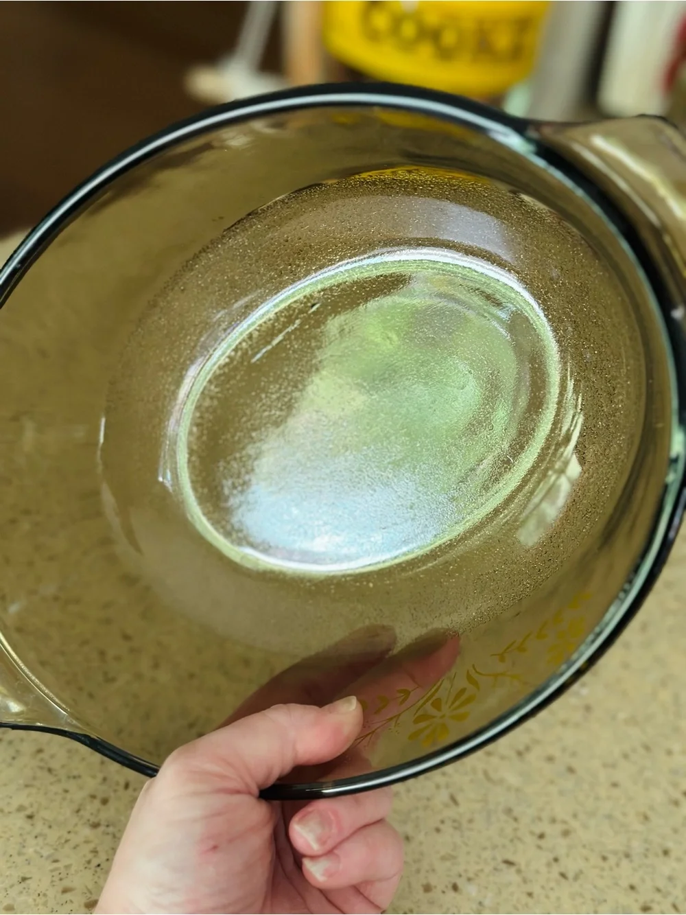 Vintage yellow daisy and smoked amber casserole dish